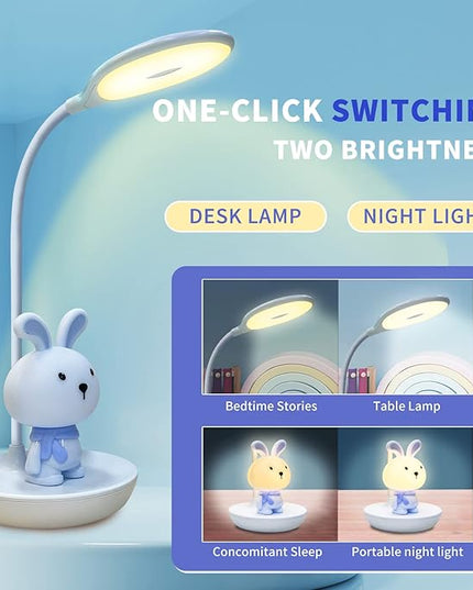 Kids Desk Lamp Pink, Dimming Desk Lamp for Girls with Exclusive Cartoon Look, Cute Night Light for Kids Bedroom, Eye-Caring LED Portable Reading Lamp for Child, Unique Gift (Blue Rabbit) - LeafyLoom