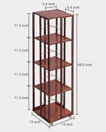COPREE 5 Tier Rolling Bookcase, Bamboo 360 Rotating Bookshelf, Freestanding Storage Organizer Holder Book Rack with Wheels for Bedroom, Living Room Home and Office - LeafyLoom
