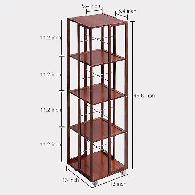 COPREE 5 Tier Rolling Bookcase, Bamboo 360 Rotating Bookshelf, Freestanding Storage Organizer Holder Book Rack with Wheels for Bedroom, Living Room Home and Office - LeafyLoom