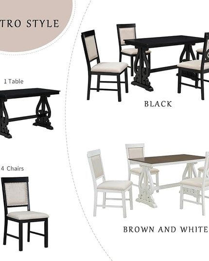 NicBex Dining Table Set for 4 Kitchen & Dining Room Tables 5-Piece Retro Dining Set, Rectangular Wooden Dining Table and 4 Upholstered Chairs for Dining Room and Kitchen, Black - LeafyLoom
