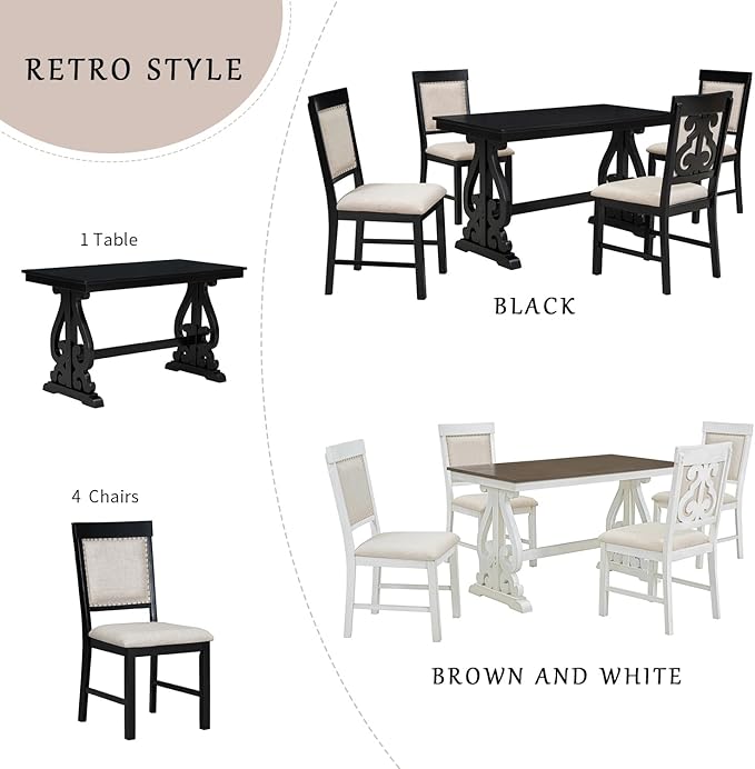 NicBex Dining Table Set for 4 Kitchen & Dining Room Tables 5-Piece Retro Dining Set, Rectangular Wooden Dining Table and 4 Upholstered Chairs for Dining Room and Kitchen, Black - LeafyLoom