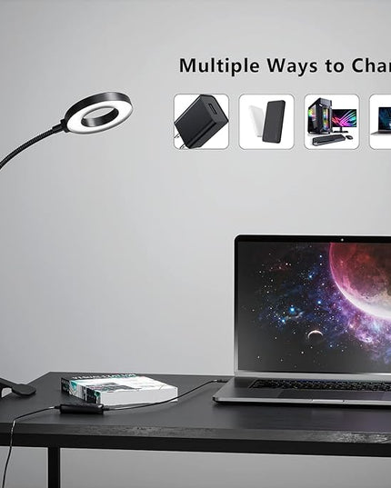 Juhefa Clip on Light, USB Powered LED Desk Lamp with Gooseneck for Reading in Bed, Headboard, Office, Makeup, 10-Level Dimmable, 3 Colors Changable (with Adapter) - LeafyLoom