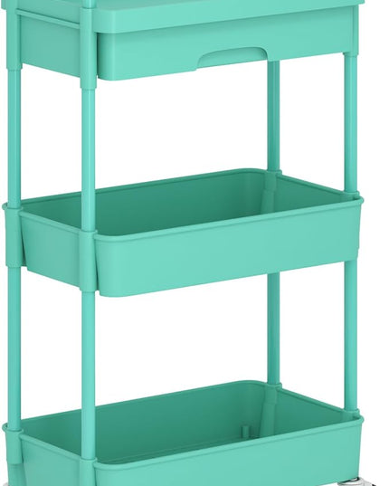 3-Tier Rolling Cart，Trolley with Drawer, Kitchen Storage Organizer with Plastic Shelf & Metal Wheels, Storage Cart for Living Room, Kitchen, Office, Bathroom, Green - LeafyLoom