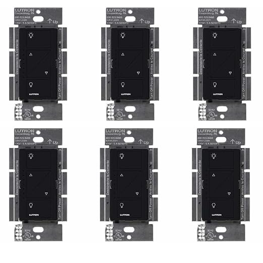 Lutron Caseta Original Smart Dimmer Switch (Lutron Smart Hub Required), for LED Lights, 150 Watt, Single-Pole/3-Way, No Neutral Required, PD-6WCL-BL 6-PACK, Black, 6 Pack Lutron