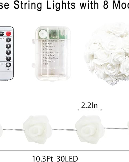 30 LED Pink Lights Valentines Day Decorations, Valentines Day Gifts 10.3Ft 8 Modes Rose Lights String Battery Operated with Remote Flower Lights for Bedroom Wedding Party Mothers Day Christmas Decor - LeafyLoom