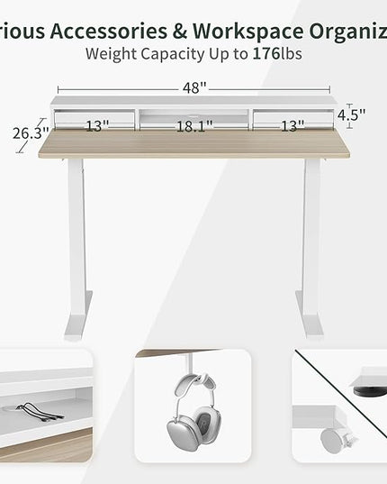 EZIBO 48 * 26 Inch Electric Standing Desk with Monitor Stand, Height Adjustable Table with LED Strips, Ergonomic Home Office Furniture with 2 Drawers Storage Workstation, Light Walnut - LeafyLoom