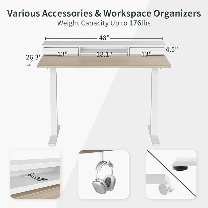 EZIBO 48 * 26 Inch Electric Standing Desk with Monitor Stand, Height Adjustable Table with LED Strips, Ergonomic Home Office Furniture with 2 Drawers Storage Workstation, Light Walnut - LeafyLoom