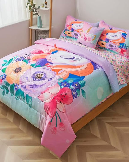 ADASMILE A & S Unicorn Bedding Twin for Girls Unicorn Bed Set Pink Unicorn Comforter Set Twin 6Pieces Girls Bed in A Bag Comforter with Hearts Sheets Reversible Unicorn Bed Sheets Home Unicorn Decor - LeafyLoom