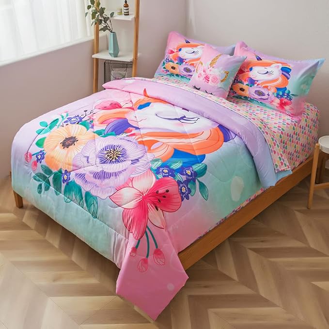 ADASMILE A & S Unicorn Bedding Twin for Girls Unicorn Bed Set Pink Unicorn Comforter Set Twin 6Pieces Girls Bed in A Bag Comforter with Hearts Sheets Reversible Unicorn Bed Sheets Home Unicorn Decor - LeafyLoom