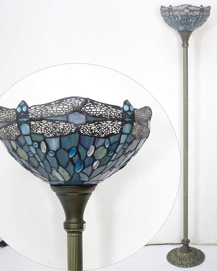 WERFACTORY Tiffany Floor Lamp Sea Blue Stained Glass Dragonfly Light 12X12X66 Inches Pole Torchiere Standing Corner Torch Uplight Decor Bedroom Living Room Home Office S147 Series - LeafyLoom