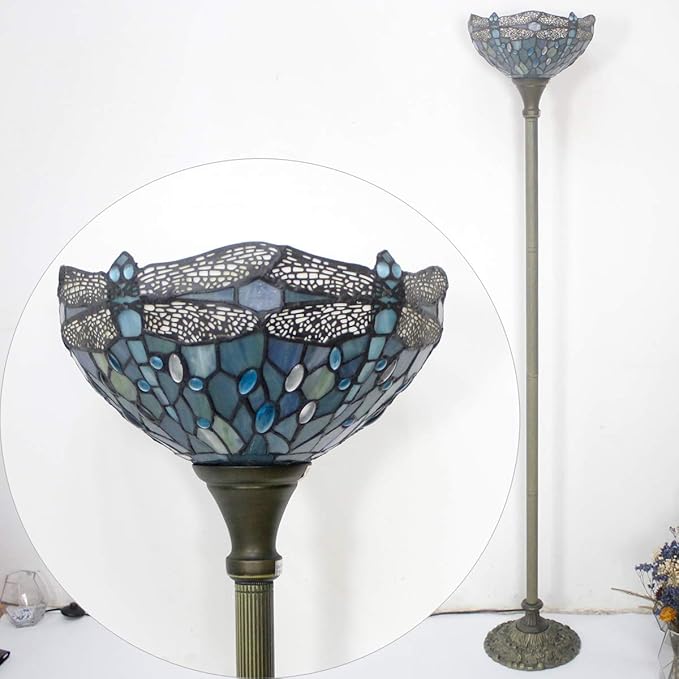 WERFACTORY Tiffany Floor Lamp Sea Blue Stained Glass Dragonfly Light 12X12X66 Inches Pole Torchiere Standing Corner Torch Uplight Decor Bedroom Living Room Home Office S147 Series - LeafyLoom