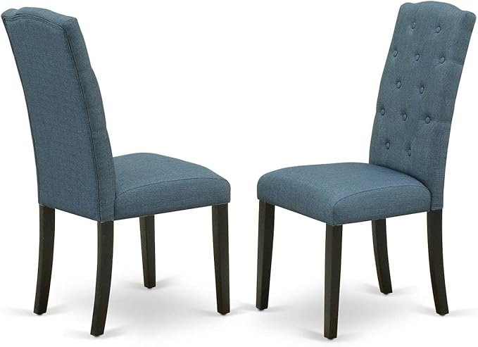 East West Furniture DLCE3-BLK-21 Dublin 3 Piece Set Contains a Round Dining Room Table with Dropleaf and 2 Mineral Blue Linen Fabric Upholstered Chairs, 42x42 Inch, Black - LeafyLoom