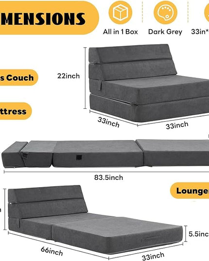 jela Sofa Bed Foldable Mattress Luxury Miss Fabric, Folding Sleeper Sofa Chair Bed Floor Mattress Floor Couch, Fold Out Couch Futon Mattress for Guest Room, Living Room (83"x33",Dark Gray) - LeafyLoom