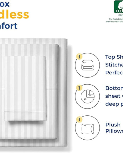 THREAD SPREAD Luxury Egyptian Cotton Twin Stripe Sheet Set - 600 Thread Count Extra Long Staple 3 PC Set, Twin White Damask Sheets, Soft, Cooling Sateen Weave Striped Sheets Upto 18" Deep Pocket - LeafyLoom