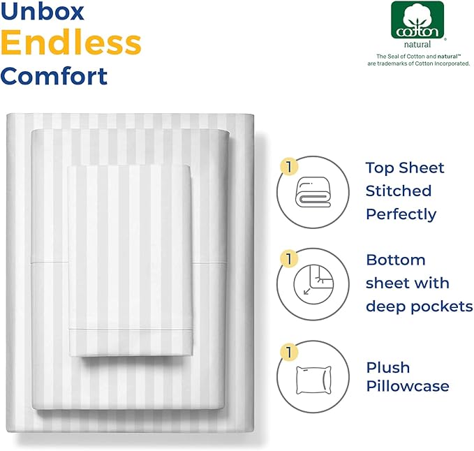 THREAD SPREAD Luxury Egyptian Cotton Twin Stripe Sheet Set - 600 Thread Count Extra Long Staple 3 PC Set, Twin White Damask Sheets, Soft, Cooling Sateen Weave Striped Sheets Upto 18" Deep Pocket - LeafyLoom