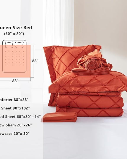 Boho Orange Comforter Set with Jacquard Tufted Design,Farmhouse Bedding Sets for All Seasons,Soft 7 Pieces Queen Bed in a Bag with Comforter,Flat Sheet,Fitted Sheet,Pillowcases & Shams - LeafyLoom