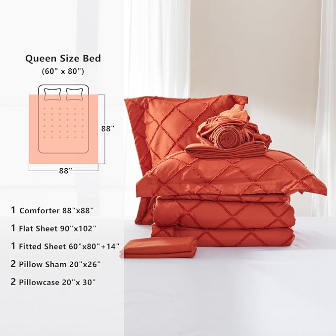 Boho Orange Comforter Set with Jacquard Tufted Design,Farmhouse Bedding Sets for All Seasons,Soft 7 Pieces Queen Bed in a Bag with Comforter,Flat Sheet,Fitted Sheet,Pillowcases & Shams - LeafyLoom