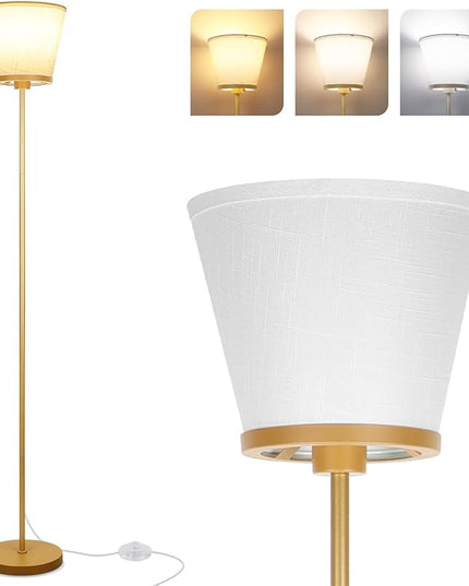 Gold Floor Lamp for Living Room, Standing Lamp for Bedroom Office, 3 Color Temperatures Tall Floor Lamp Reading Floor Lamp with White Fabric Shape. 15W Bulb Included. - LeafyLoom