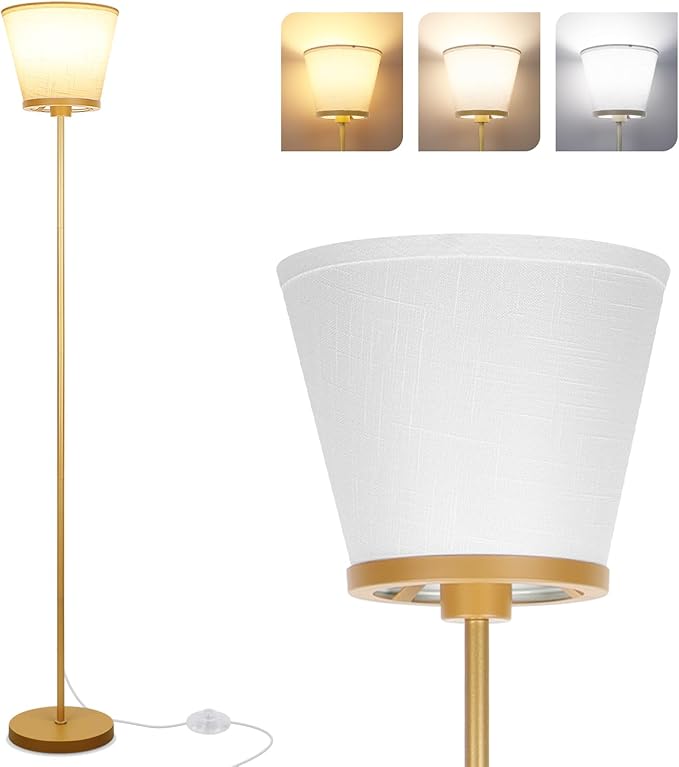 Gold Floor Lamp for Living Room, Standing Lamp for Bedroom Office, 3 Color Temperatures Tall Floor Lamp Reading Floor Lamp with White Fabric Shape. 15W Bulb Included. - LeafyLoom