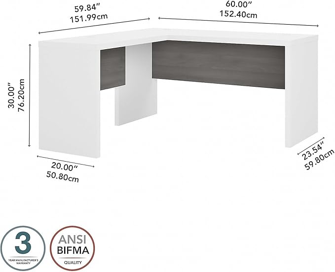 Bush Business Furniture Echo L Shape Desk with Wire Management | Corner Computer Table with Quick-to-Assemble Hardware | Home Office Credenza, 60W, Pure White and Modern Gray - LeafyLoom