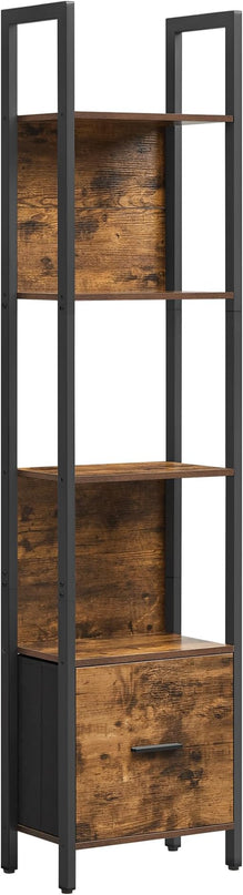 VASAGLE 5-Tier Bookshelf, Book Shelf with Drawer, Industrial Bookcase, with Steel Frame, for Living Room, Home Office, Bedroom, 9.4 x 15.7 x 65 Inches, Rustic Brown and Black ULLS146B01 - LeafyLoom