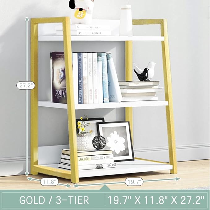IOTXY 3 Tier Open Bookshelf - Steel and Wood Display Stand, 50CM Width Floor-Standing Bookcase, Gold - LeafyLoom