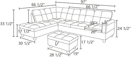 ROOMTEC Button 3 Piece L Shape Sectional Sofa Set, Upholstered Corner Couch with Storage Ottoman, Faux Leather Tufted Cushions, for Living Room, Apartment, 97inch, Denim w/Right Chaise Lounge - LeafyLoom