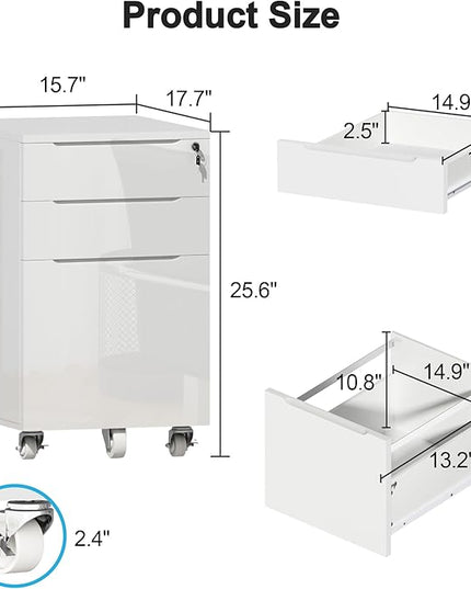 ChooChoo High Gloss File Cabinet with Lock,3 Drawer Rolling Filing Cabinet Fits Legal Size/A4/Letter, Under Desk File Cabinet with Hook for Home Office,White - LeafyLoom
