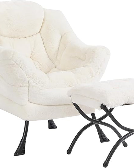 Plush Lazy Chair and Ottoman, Large Contemporary Accent Lounge Chair with Armrests and a Side Pocket, Modern Leisure Upholstered Sofa Reading Armchair with Footrest for Bedroom, Living Room - LeafyLoom