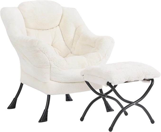 Plush Lazy Chair and Ottoman, Large Contemporary Accent Lounge Chair with Armrests and a Side Pocket, Modern Leisure Upholstered Sofa Reading Armchair with Footrest for Bedroom, Living Room - LeafyLoom