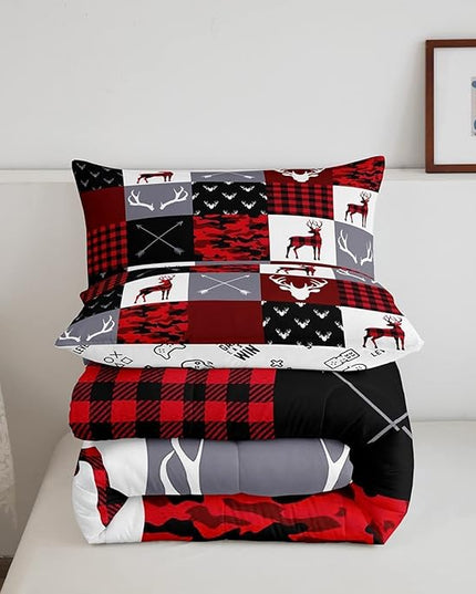 Boys Deer Antlers Silhouettes Comforter Set King Size,Geometric Plaids Patchwork Bedding Set 3pcs for Kids Teens Adults Girls Home Decor,Red Camouflage Christmas Xmas Down Comforter,Rustic Farmhouse - LeafyLoom