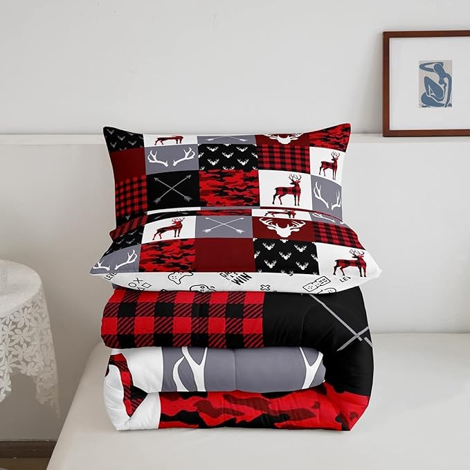 Boys Deer Antlers Silhouettes Comforter Set King Size,Geometric Plaids Patchwork Bedding Set 3pcs for Kids Teens Adults Girls Home Decor,Red Camouflage Christmas Xmas Down Comforter,Rustic Farmhouse - LeafyLoom