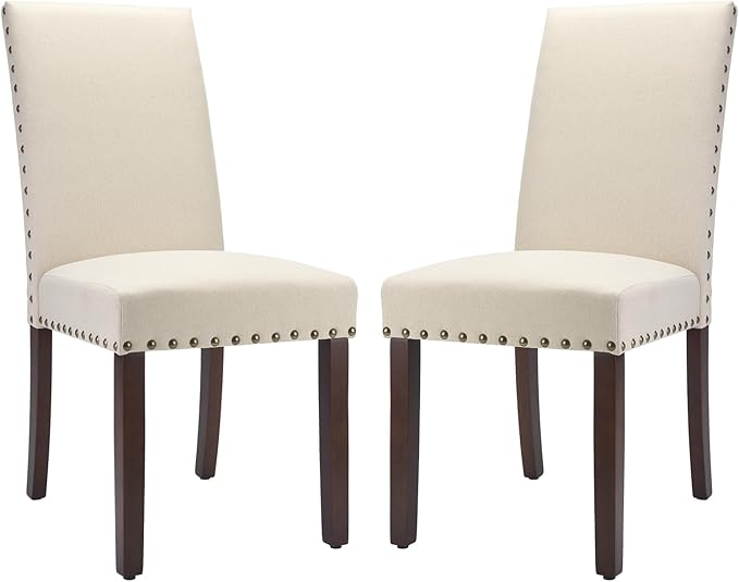 COLAMY Modern Wood Dining Chairs Set of 2, Parsons Dining Chairs, 19 Inch Padded Dining Chairs with Nailed Trim for Kitchen Dining Living Room, Beige - LeafyLoom