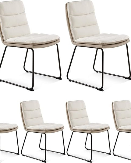 COLAMY Dining Chairs Set of 6, Modern Waffle Dining Chair, Leather Chairs with Metal Legs for Dining Room Living Room Kitchen Coffee Shop, Cream - LeafyLoom