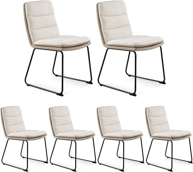 COLAMY Dining Chairs Set of 6, Modern Waffle Dining Chair, Leather Chairs with Metal Legs for Dining Room Living Room Kitchen Coffee Shop, Cream - LeafyLoom