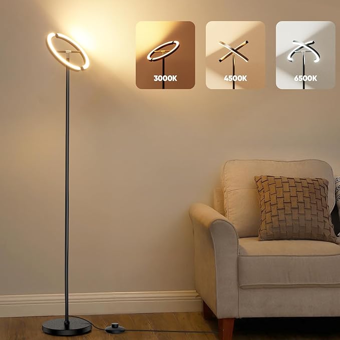 Modern LED Floor Lamp, Rotatable Standing Lamp with Foot Switch, 20W Bright Reading Floor Light with 3 Color Temperatures, Black Stand up Lamp Tall Lamp for Living Room, Bedroom, Office - LeafyLoom