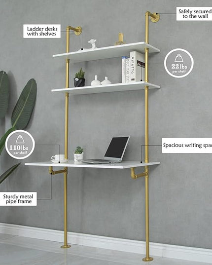 MAIKAILUN White and Gold Desk, 36" Ladder Desk, Wall Mount Computer Writing Table Pipe Shelf Shelving Mini Narrow Industrial Modern for Small Spaces(36x20x81) - LeafyLoom