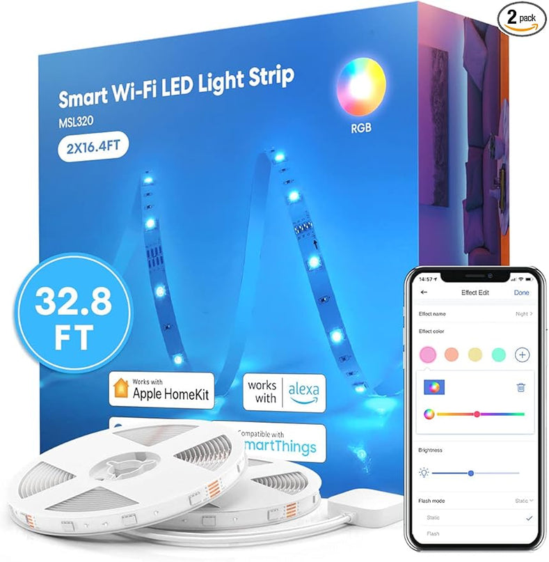meross Smart LED Strip Lights, 32.8ft WiFi RGB Strip, Works with Apple HomeKit, Siri, Alexa&Google and SmartThings, App Control, Color Changing Lights Strip for Room, Party, Festivals, UL Listed meross