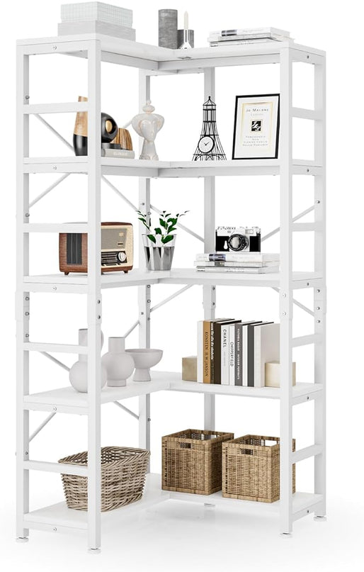 NUMENN 5 Tier Corner Bookshelf, Modern Corner Bookcase, Large Open Shelf Bookcase, Tall Bookshelves Storage Display Rack for Bedroom, Living Room and Home Office, White - LeafyLoom