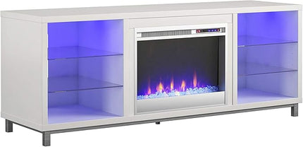 Ameriwood Home Lumina Fireplace TV Stand for TVs up to 70 Inch, Replaceable Electric Fireplace Insert Heater, Remote Control, Timer, Color Changing LED Lights, Crystal Ember Flames, White - LeafyLoom