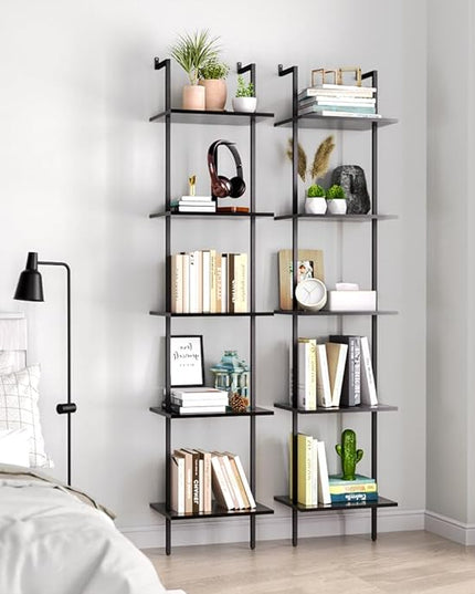 Nidouillet 5 Tier Ladder Shelf, 70-Inch Wall Mounted Ladder Bookshelf Metal Frame Storage Rack and Industrial Display Shelves for Living Room Bedroom Home Office - Black - LeafyLoom