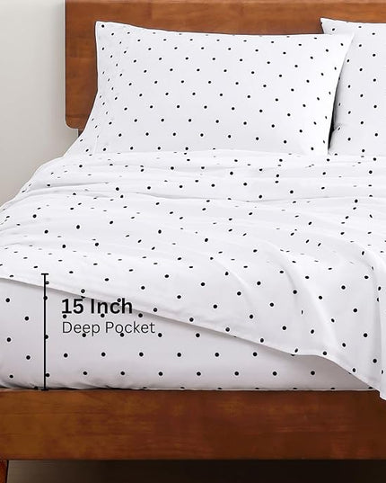 LANE LINEN king Size Bed Sheets - 4 Piece 100% Organic Cotton KingSsheets, Soft Percale Sheets, Breathable King Bedding Set, Hotel Luxury Bed Sheets Set, 15" King Sheets Deep Pocket - Polka Dot Black - LeafyLoom