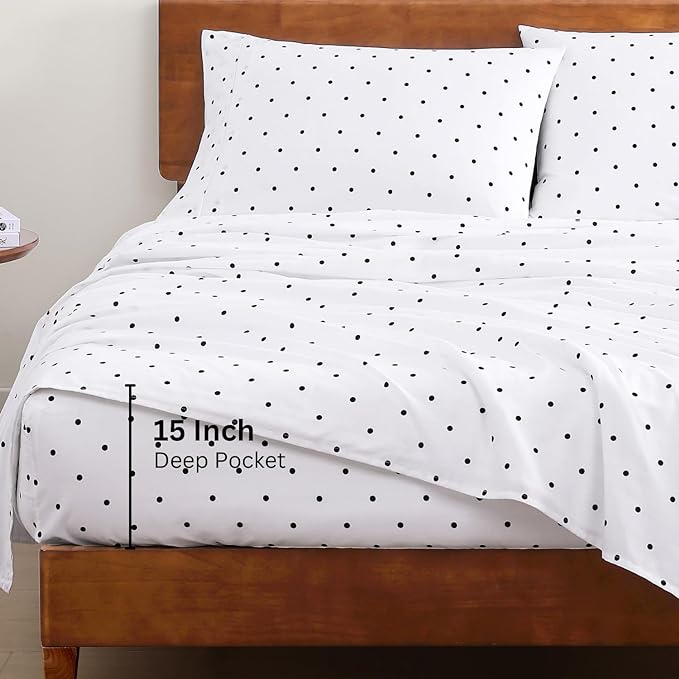 LANE LINEN king Size Bed Sheets - 4 Piece 100% Organic Cotton KingSsheets, Soft Percale Sheets, Breathable King Bedding Set, Hotel Luxury Bed Sheets Set, 15" King Sheets Deep Pocket - Polka Dot Black - LeafyLoom