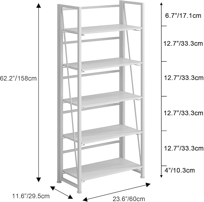 No-Assembly Folding Bookshelf Storage Shelves 5 Tiers Vintage Multifunctional Plant Flower Stand Storage Rack Shelves Bookcase for Home Office(All White) - LeafyLoom