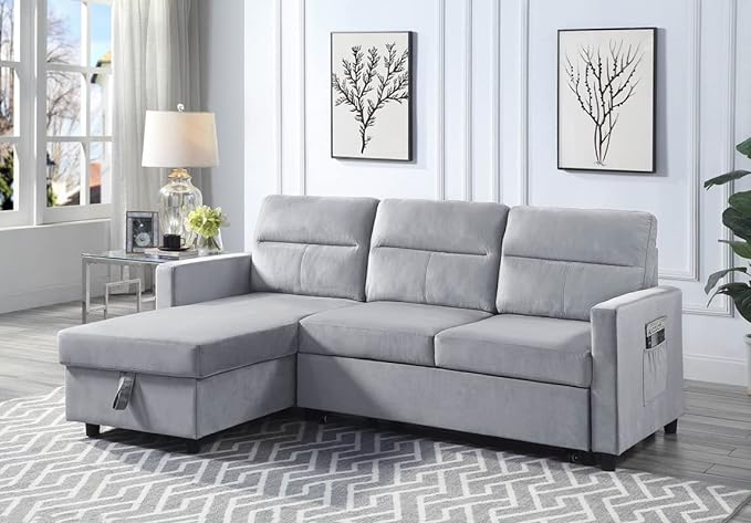 Velvet Reversible Sleeper Sectional Sofa with Storage Chaise and Side Pocket, Pull Out Couch Bed for Living Room, Apartment, Compact Space, Light Gray, 81.5 - LeafyLoom