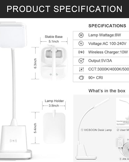 LED Desk Lamp with Wireless Charger for Home Office, Small with Pen Holder, 800LM,3 Color Modes,Gooseneck, Eye-Caring White Desk Lamps for Home College Dorm Room - LeafyLoom