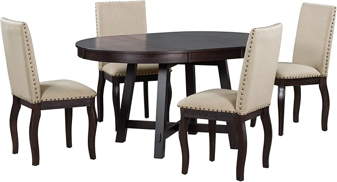 5 Piece Farmhouse Wooden Round Extendable Dining Table Set with 4 Upholstered Chairs, Espresso - LeafyLoom