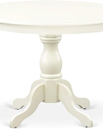 East West Furniture Hartland 5 Piece Room Set includes a Round Kitchen Table with Pedestal and 4 Gray Linen Fabric Parson Dining Chairs, 42x42 Inch, HBDR5-LWH-07 - LeafyLoom