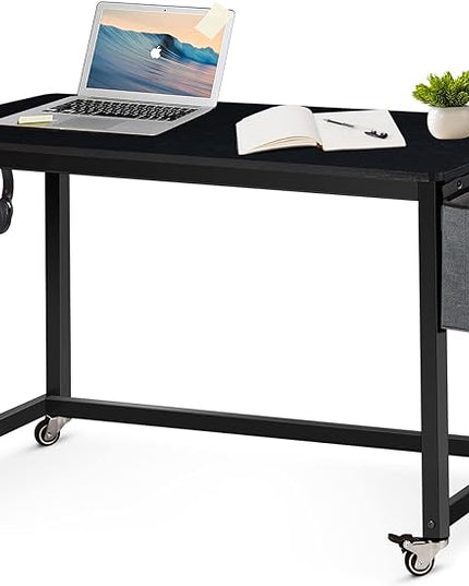 AHB 47" Rolling Computer Desk with 4 Smooth Wheels, Simple Style Mobile Writing Desk Home Office Study Table Movable Workstation with Metal Frame - LeafyLoom