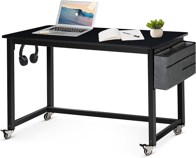 AHB 47" Rolling Computer Desk with 4 Smooth Wheels, Simple Style Mobile Writing Desk Home Office Study Table Movable Workstation with Metal Frame - LeafyLoom